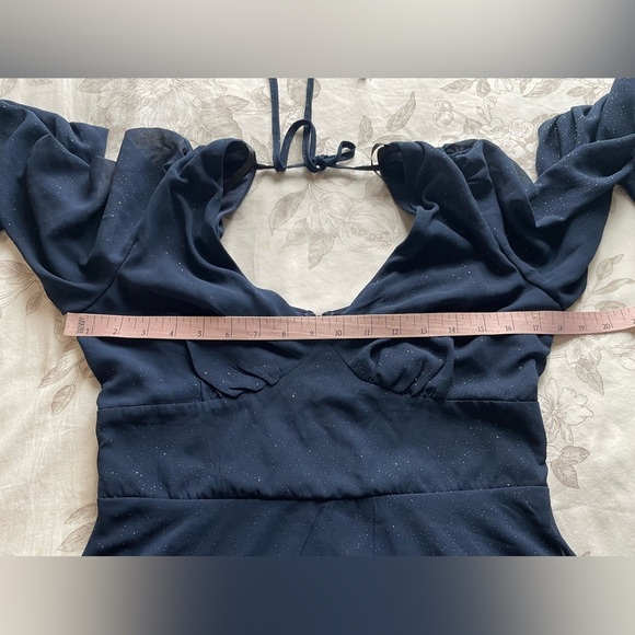 Y2K Navy Glitter Pintuck Babydoll Sheer Puff Sleeve Mini Dress 6 Hoco Prom Dance - Picture 6 of 9